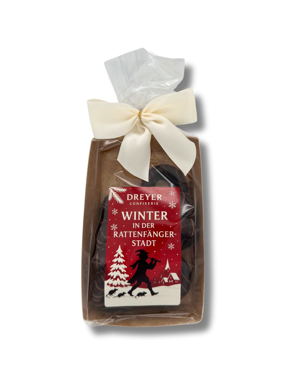 Weinbrandringe 100 g mit Aufdruck „Winter in der Rattenfängerstadt“, handverpackte Pralinen mit Weinbrandfüllung, erhältlich in der Dreyer Confiserie in der Rattenfängerstadt Hameln.