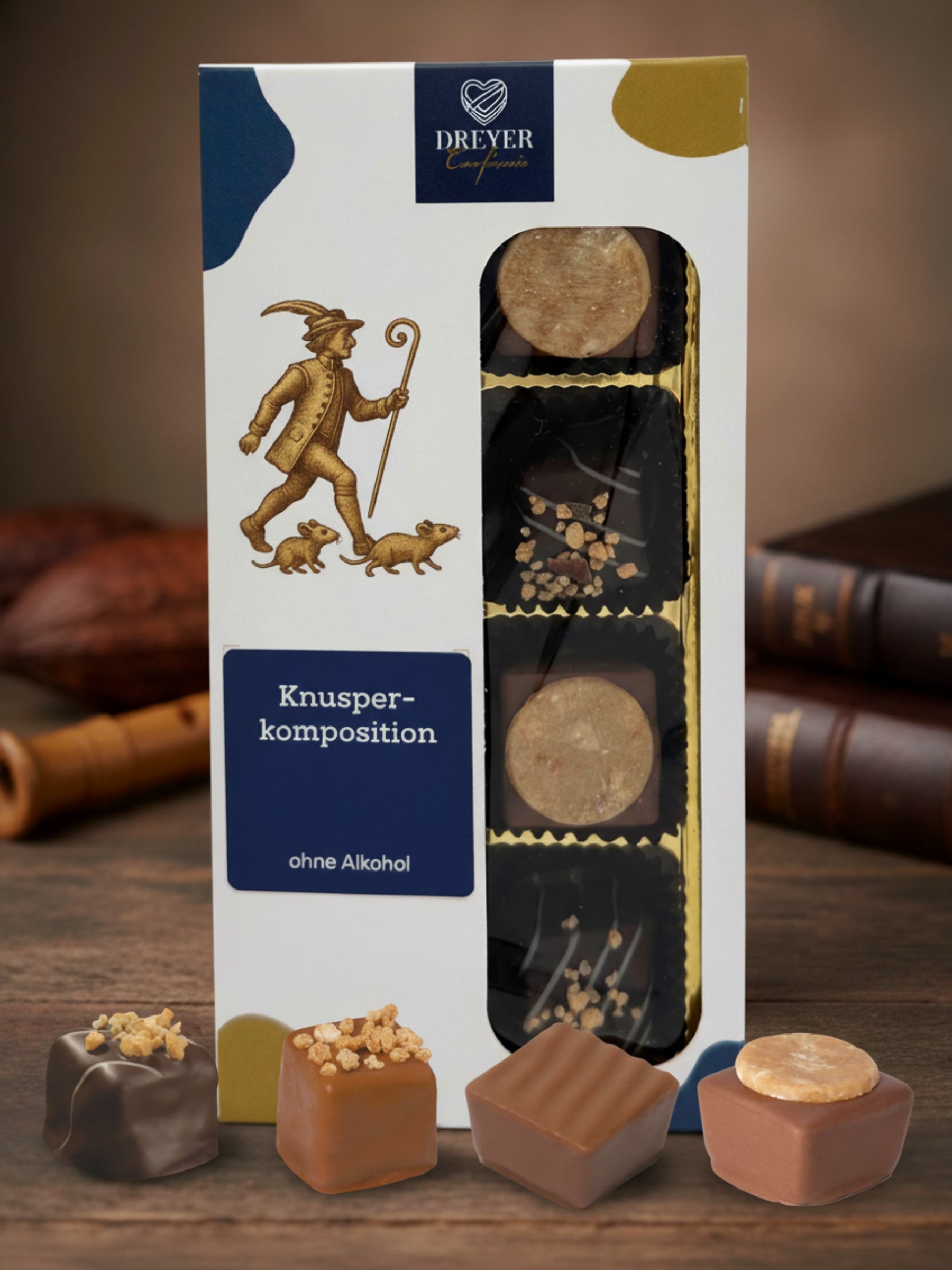 Dreyer Confiserie Knusperkomposition 100g – Auswahl aus knusprigen Pralinen und Nougatwürfeln, hergestellt von Wagner Pralinen für die Dreyer Confiserie in der Rattenfängerstadt Hameln.