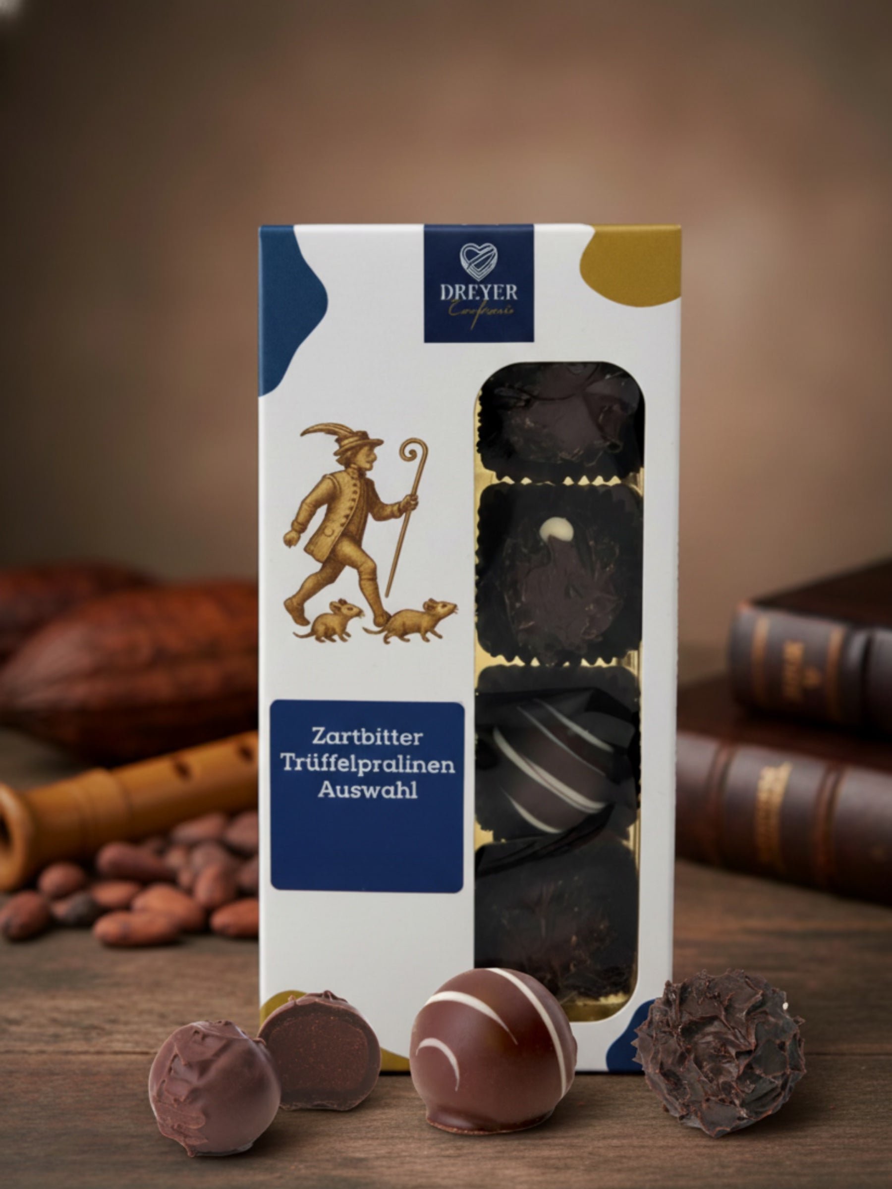 Dreyer Confiserie Zartbitter Trüffelpralinen 100g im Rattenfänger Design. 8er Auswahl feinster Zartbitter-Trüffel, hergestellt von Wagner Pralinen für die Dreyer Confiserie in der Rattenfängerstadt Hameln.