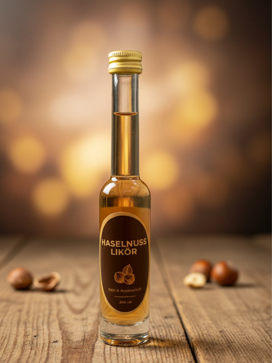 Haselnusslikör 40ml 20% vol. feiner Nusslikör der Dreyer Confiserie, aromatisch und mild, in kleiner 40ml-Flasche, erhältlich in der Rattenfängerstadt Hameln.