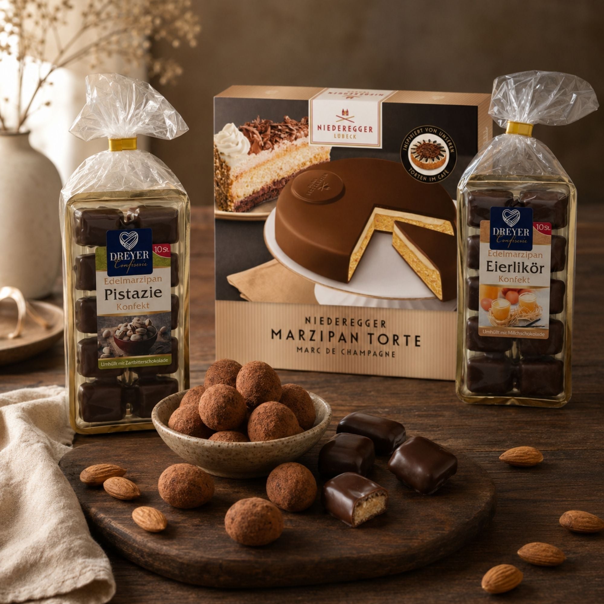 Lübecker Edelmarzipan-Kartoffeln und Marzipankonfekt auf dunklem Holz