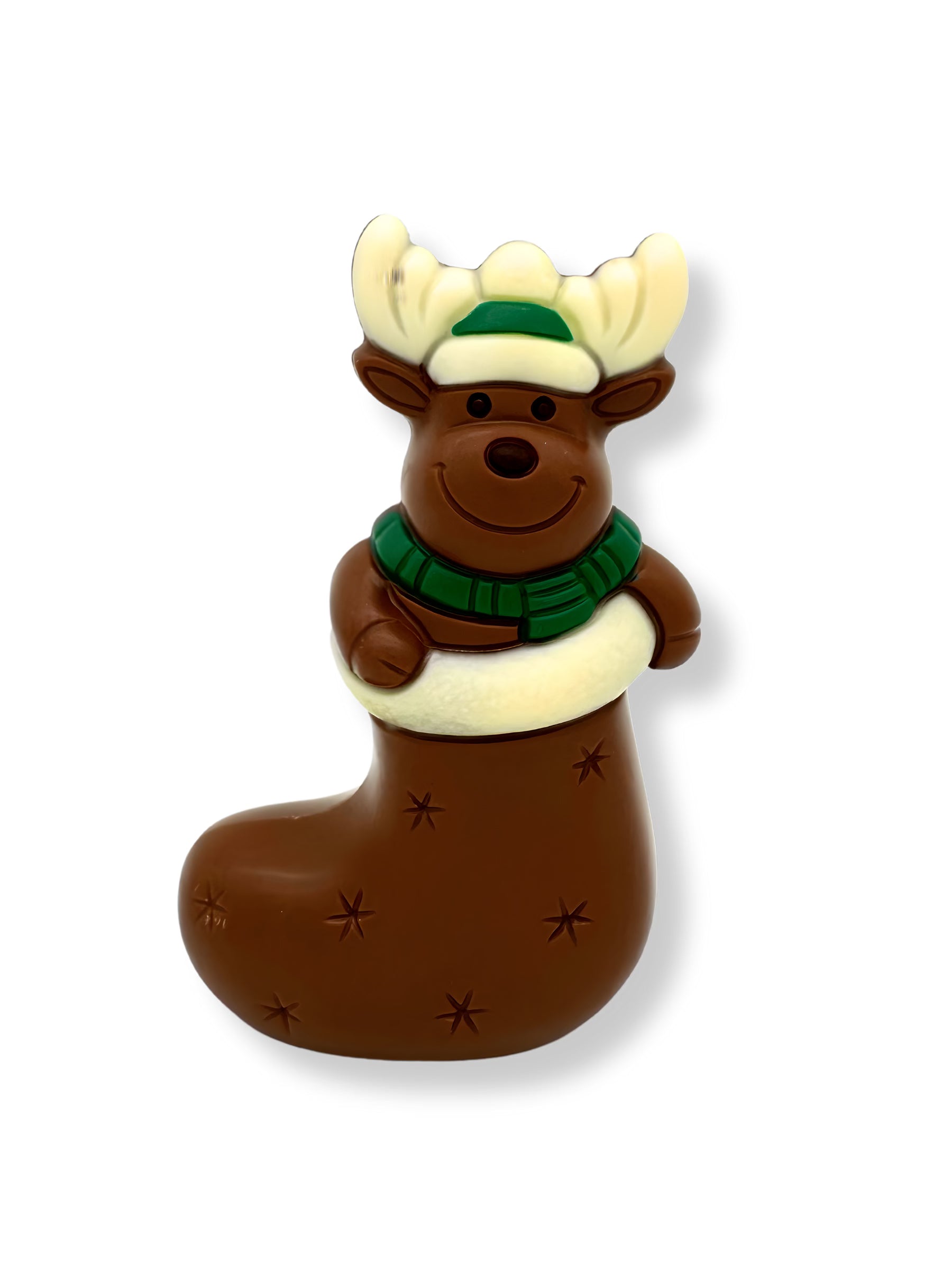Schokoladenfigur „Elch in Socke“ aus Vollmilch-, weißer und Zartbitterschokolade, 110g, erhältlich in der Dreyer Confiserie in der Rattenfängerstadt Hameln.