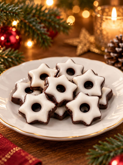 Weiße Fondant-Sterne mit Zartbitterschokolade von Dreyer Confiserie in festlicher Weihnachtsdekoration
