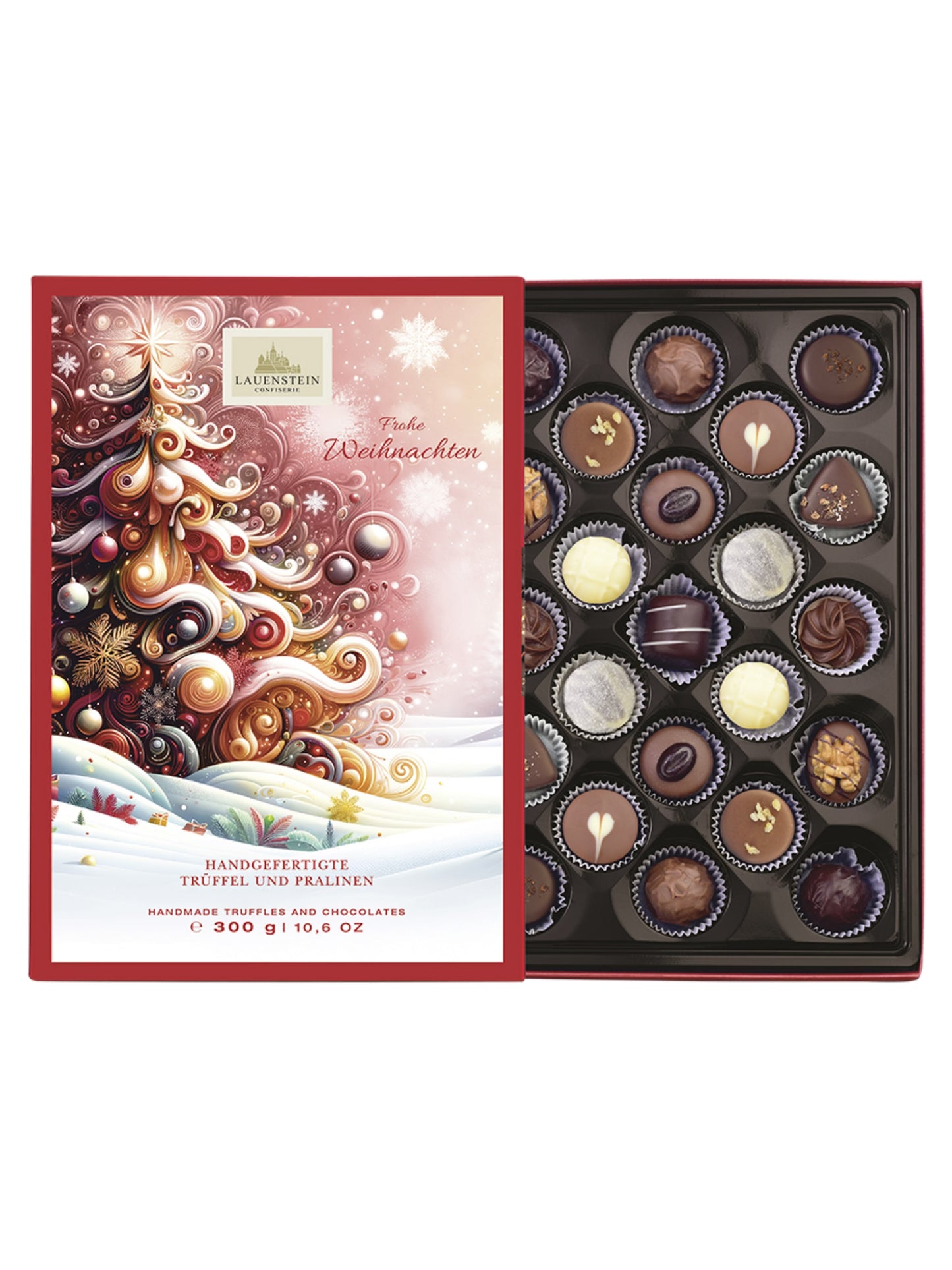 "Frohe Weihnachten" Lauensteiner Trüffel- und Pralinen-Auslese 300 g – elegante Mischung mit Klassikern wie Eierlikör-Trüffel, Marc de Champagne, Kokos-Edelmarzipan-Praline und Salz-Butter-Karamell, erhältlich in der Dreyer Confiserie in der Rattenfängerstadt Hameln.