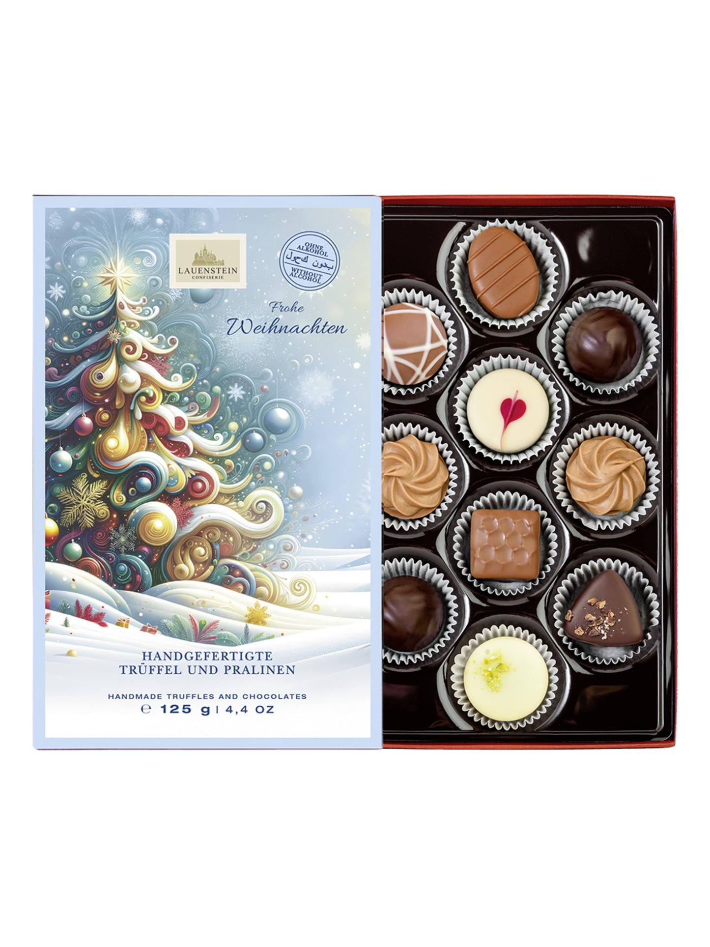 "Frohe Weihnachten" Lauensteiner Trüffel- und Pralinen-Auslese alkoholfrei 125 g – edle Mischung mit Klassikern wie Blütenhonig-Trüffel, Gianduja-Nougat, Pistazien-Nougat und Salz-Butter-Karamell, erhältlich in der Dreyer Confiserie in der Rattenfängerstadt Hameln.