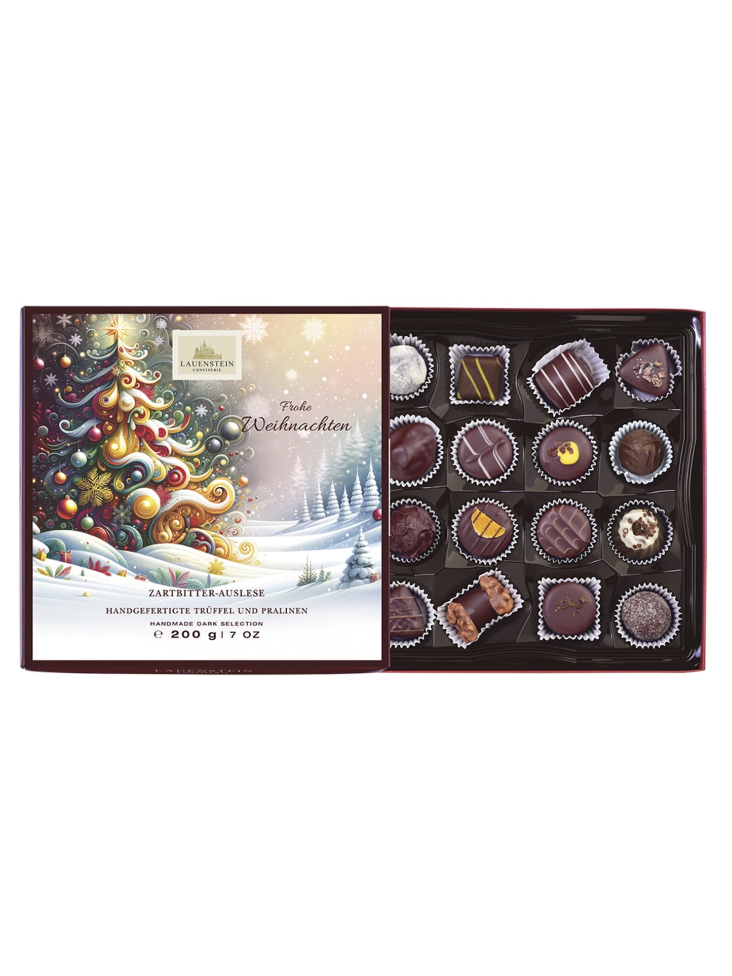 "Frohe Weihnachten" Lauensteiner Zartbitter-Auslese 200 g – edle Auswahl edelbitterer Pralinen und Trüffel mit Cognac-, Espresso-, Whisky- und Marc de Champagne-Trüffel, erhältlich bei Dreyer Confiserie in Hameln.