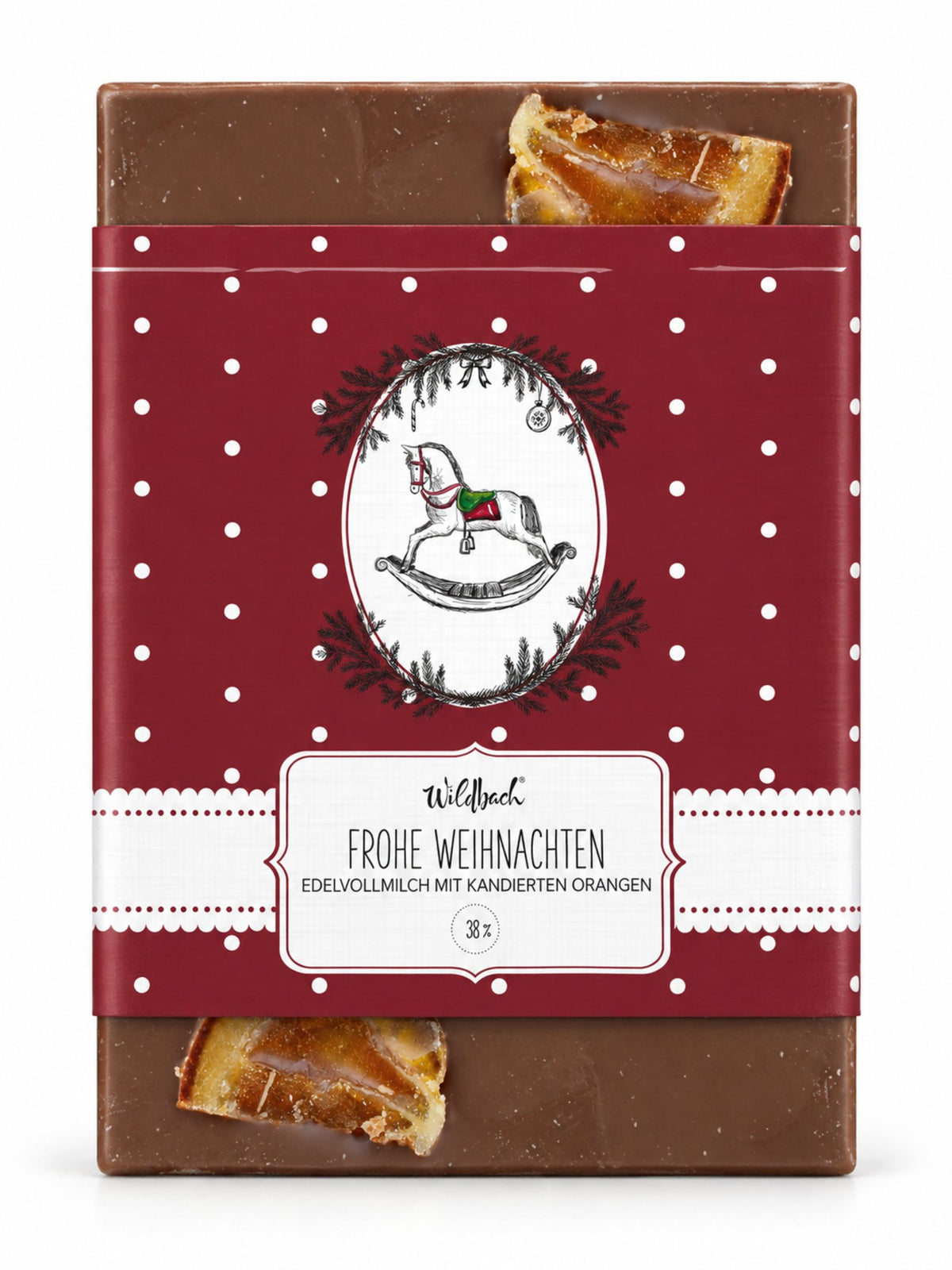 Frohe Weihnachten Edelvollmilch Orange  Tafel 70g von Wildbach mit kandierter Orange