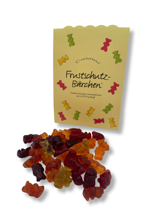 Frustschutz-Bärchen von K’s Soul Food Kitchen – fruchtige Gummibärchen mit 20 % Fruchtsaft und Vitamin C, 150 g, erhältlich bei der Confiserie Dreyer in Hameln.