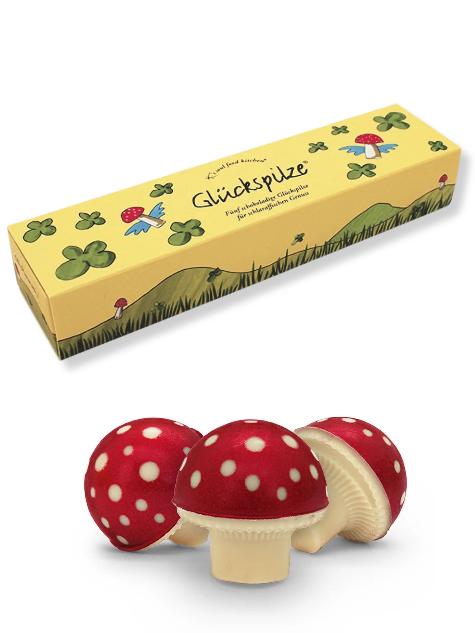 Glückspilze Pralinen aus Sahnenougat und weißer Schokolade von K’s Soul Food Kitchen – liebevoll verziert, 5 Stück, 68 g, erhältlich bei der Confiserie Dreyer in Hameln.