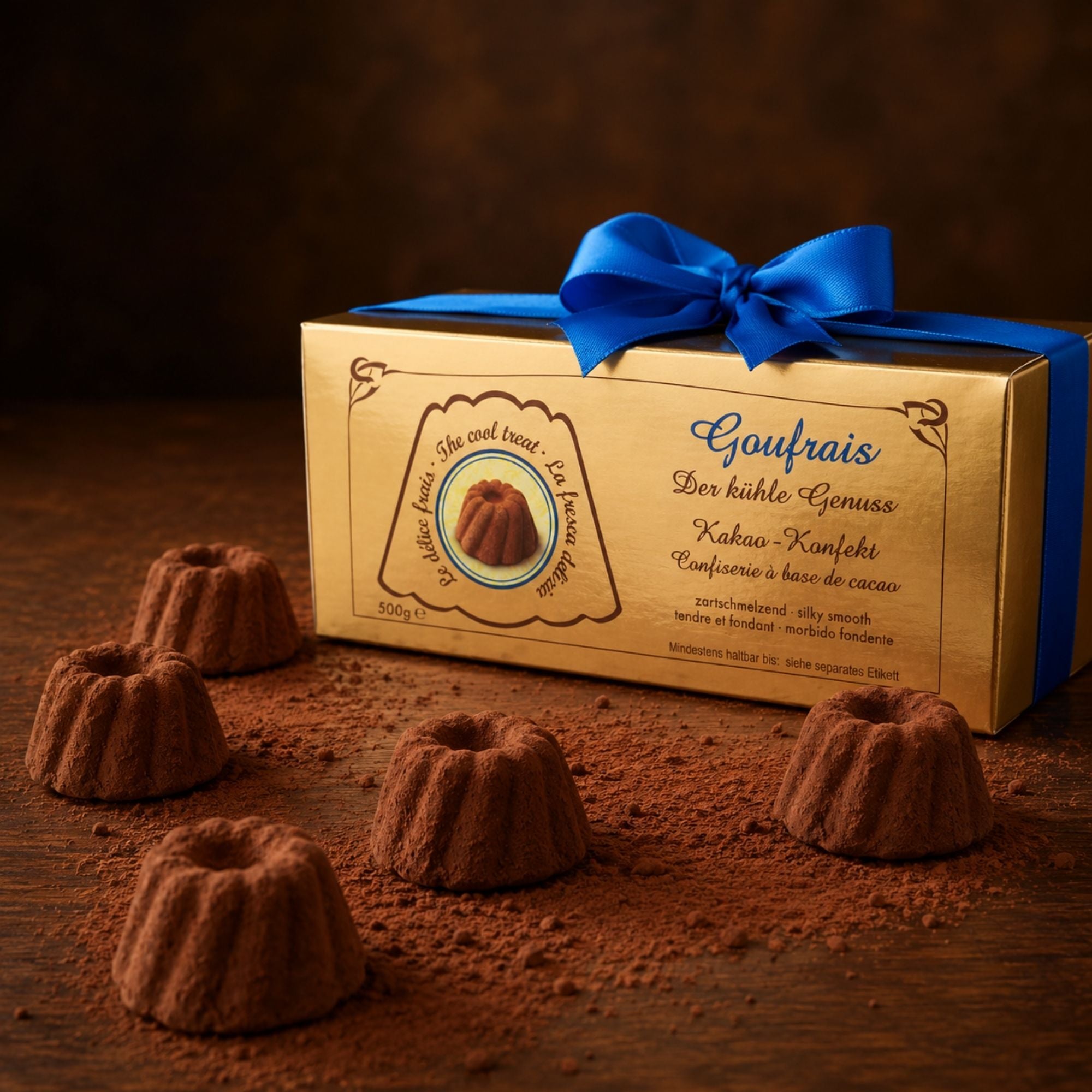 Goufrais Schatzkiste 500g – goldene Premium-Schatulle mit blauer Schleife