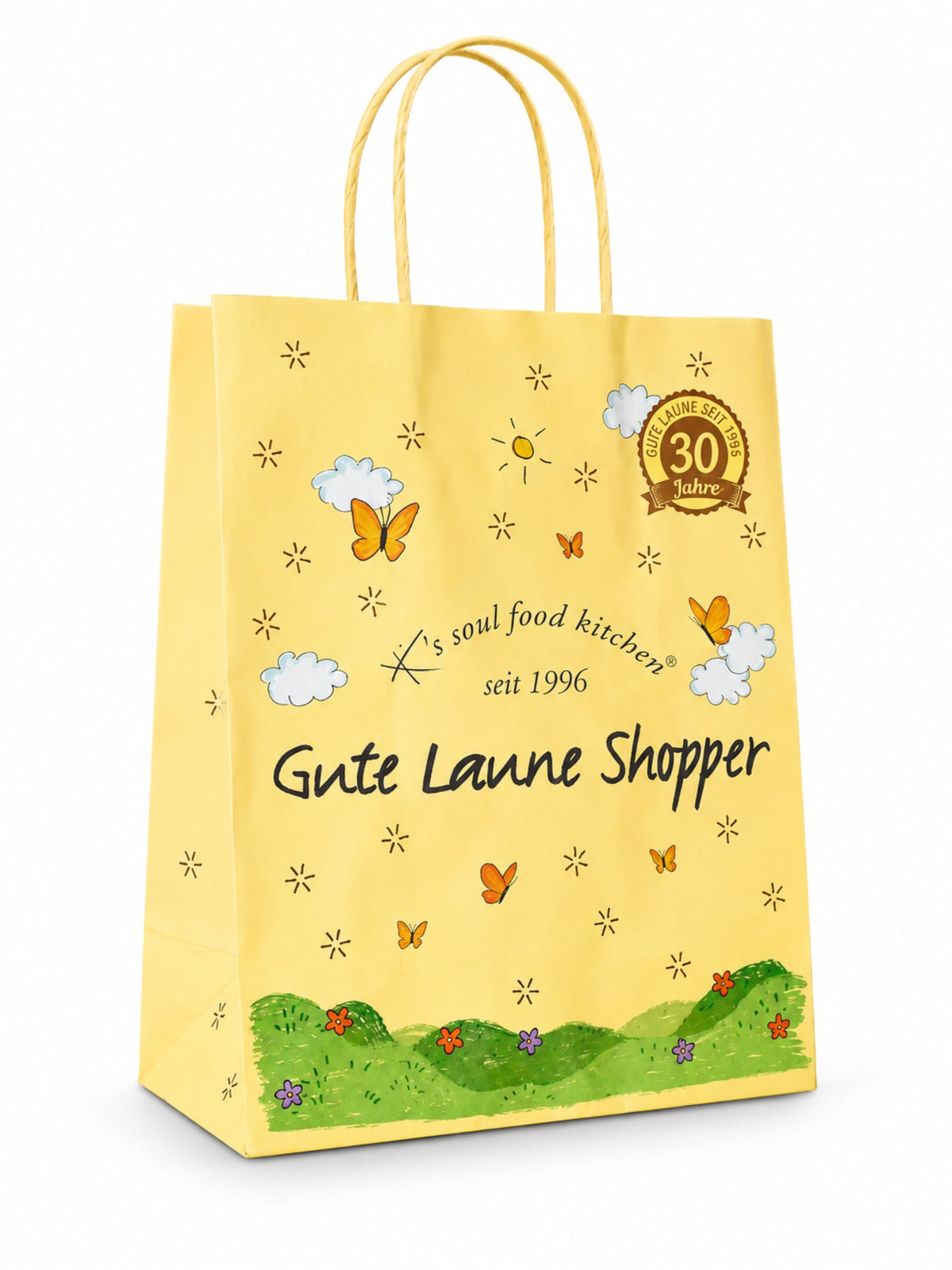 Gute Laune Shopper Geschenktäschchen von K's Soul Food Kitchen im sommerlichen Design mit Schmetterlingen und Blumen