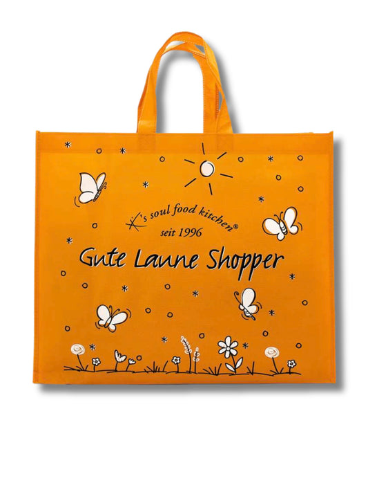 Bunte Einkaufstasche „Gute Laune Shopper“ von K’s Soul Food Kitchen® aus stabilem Non-Woven mit großem Stauraum – nachhaltige Tragetasche mit Bodenfalte.