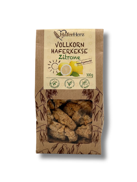 Veganer Vollkorn-Haferkeks mit kandierter Zitronenschale von HaferHerz in 300 g-Packung – erhältlich in der Dreyer Confiserie in der Rattenfängerstadt Hameln.