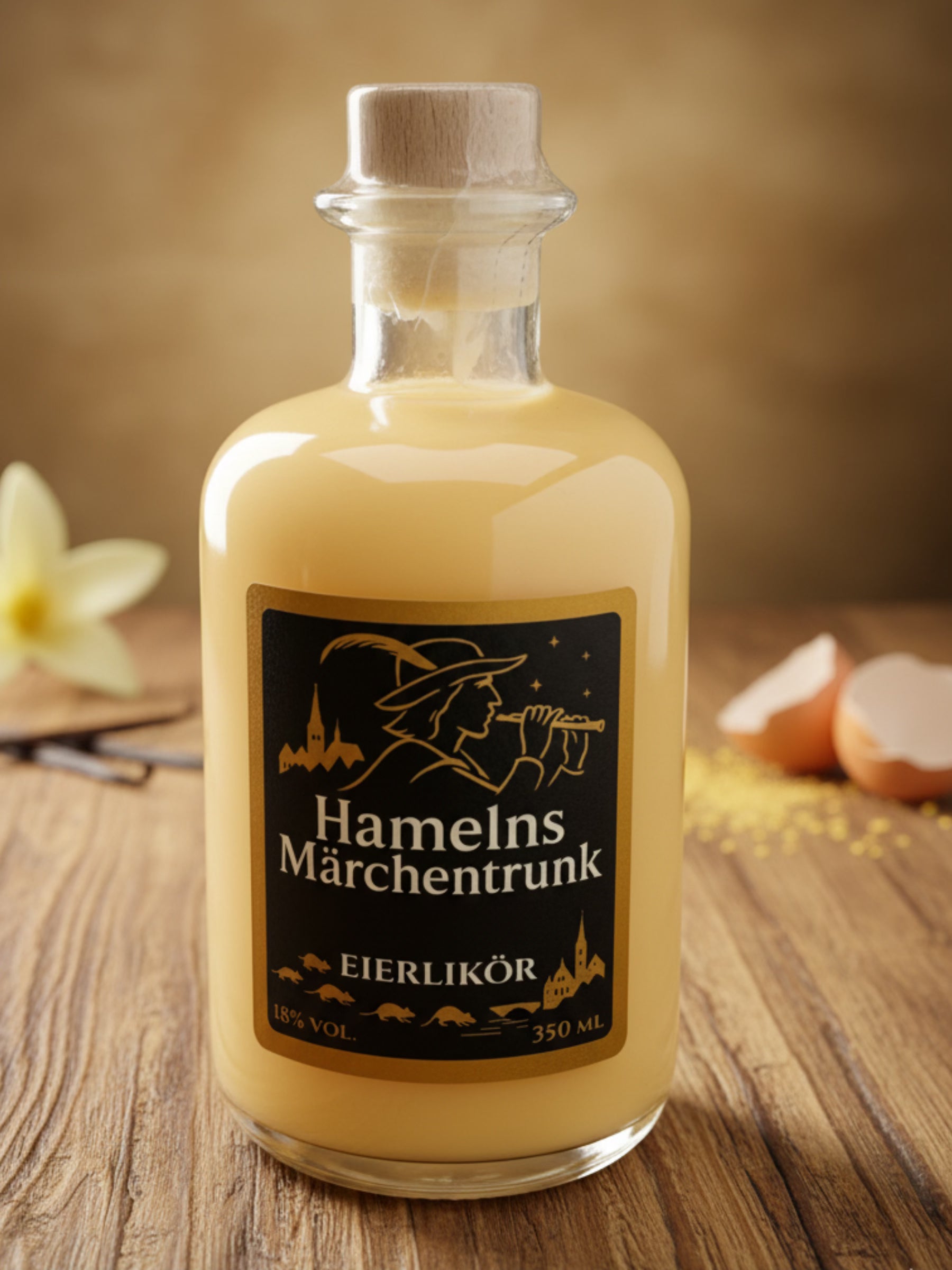 Hamelns Märchentrunk Eierlikör 350ml, cremiger Likör mit 18% vol., hergestellt aus Ei und Milcherzeugnissen. Märchenhafte Spezialität aus der Rattenfängerstadt Hameln.