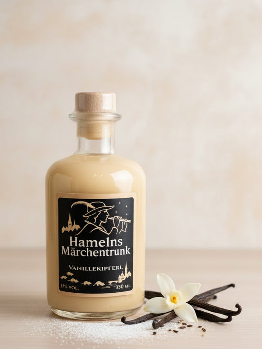 Hamelns Märchentrunk Vanillekipferl Likör 350ml – cremiger Winterlikör mit 17% vol., feines Aroma wie frisch gebackene Vanillekipferl; Spezialität aus der Rattenfängerstadt Hameln; Abbildung kann abweichen.