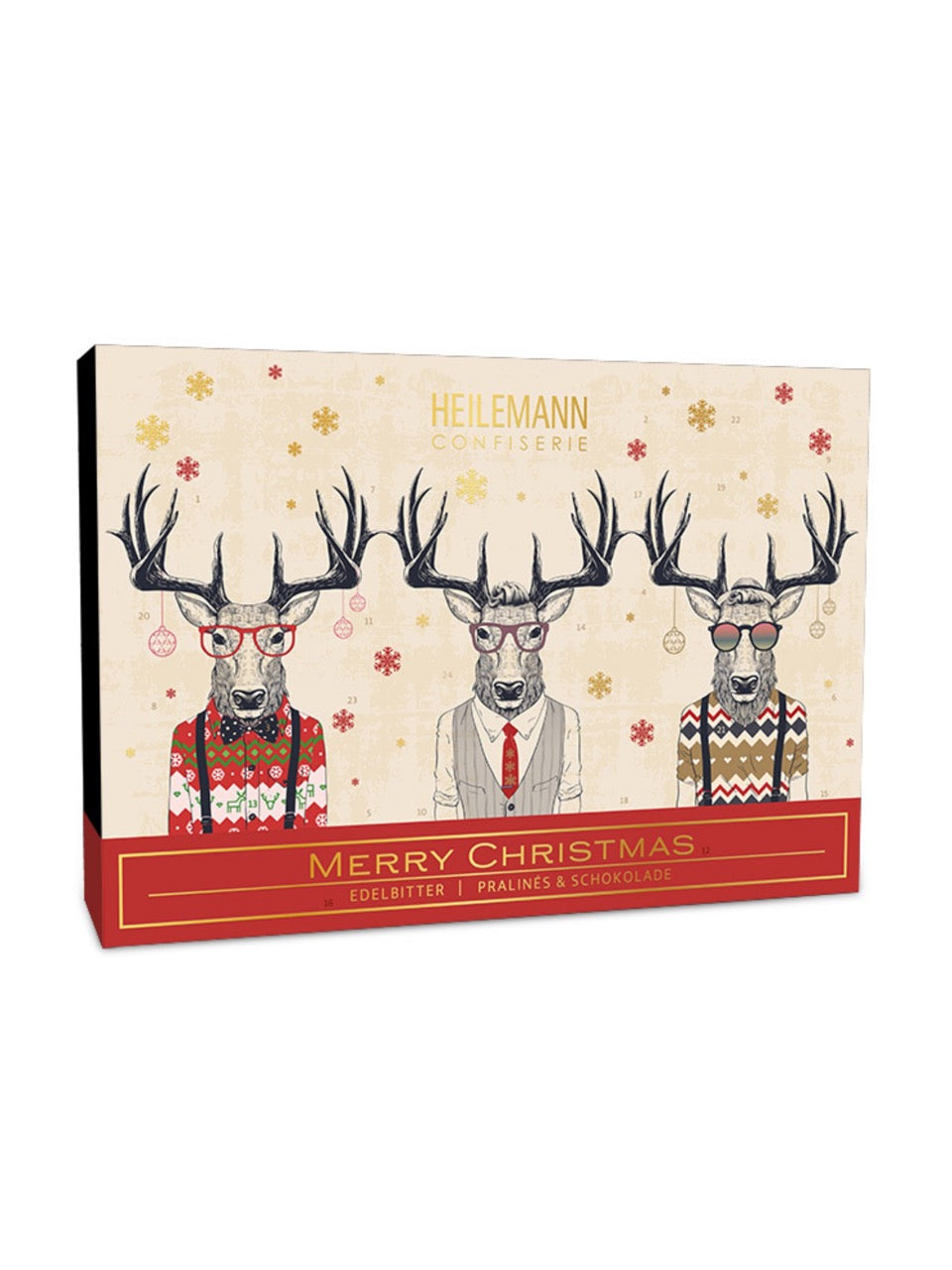 Heilemann Adventskalender Edelbitter-Pralinen 330 g – gefüllt mit 22 Edelbitter-Pralinen und 2 Schokoladenfiguren, mit feinen Spirituosen und Kakaonoten, erhältlich in der Dreyer Confiserie in der Rattenfängerstadt Hameln.