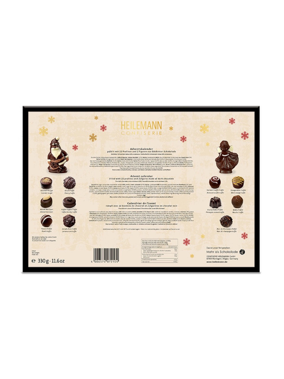 Rückseite vom Heilemann Adventskalender Edelbitter-Pralinen 330 g – gefüllt mit 22 Edelbitter-Pralinen und 2 Schokoladenfiguren.