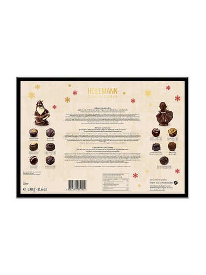Rückseite vom Heilemann Adventskalender Edelbitter-Pralinen 330 g – gefüllt mit 22 Edelbitter-Pralinen und 2 Schokoladenfiguren.
