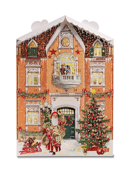 Heilemann Adventskalender mit Dach 280 g – gefüllt mit 24 Hohlfiguren aus Edelvollmilch-Schokolade mit 32 % Kakao, ohne Alkohol, erhältlich in der Dreyer Confiserie in der Rattenfängerstadt Hameln.