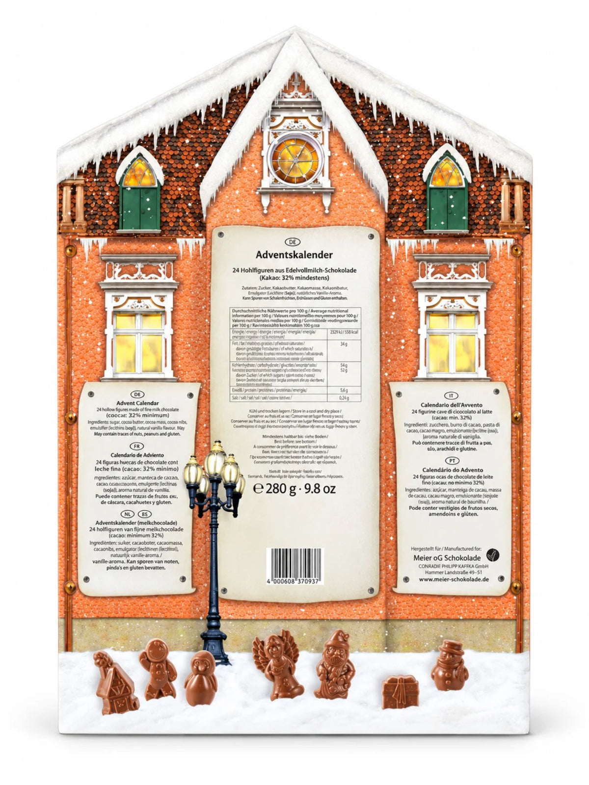 Rückseite und Inhalt von Adventskalender mit Dach 280g von Heilemann