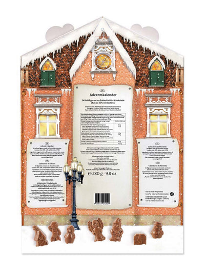Rückseite und Inhalt vom Heilemann Adventskalender mit Dach 280 g – gefüllt mit 24 Hohlfiguren aus Edelvollmilch-Schokolade.
