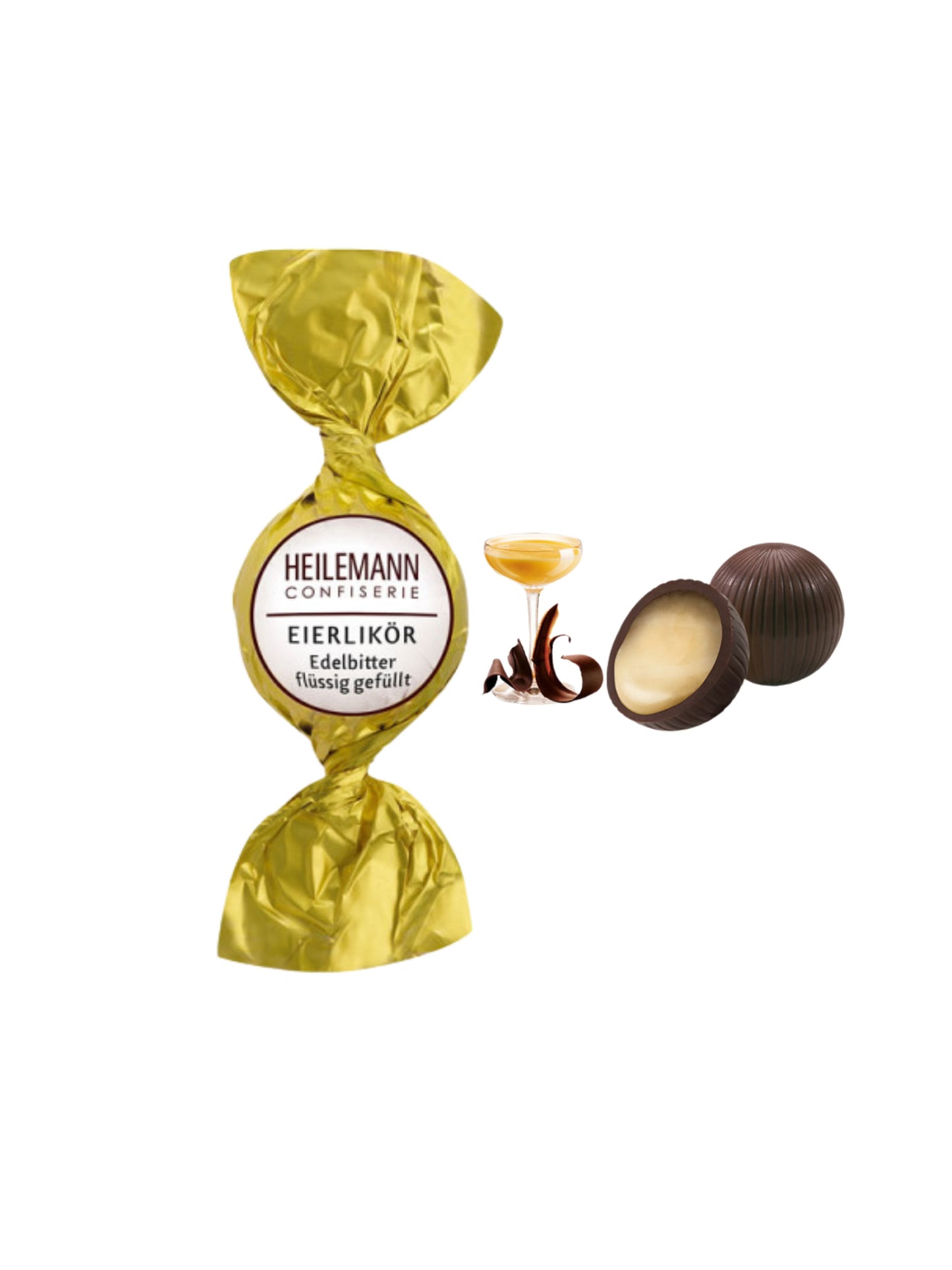Heilemann Eierlikör Praliné-Kugel 15 g – Edelbitter-Schokoladenkugel mit cremiger Eierlikör-Füllung in goldgelber Folie, ideal für den Bunten Teller, erhältlich in der Dreyer Confiserie in der Rattenfängerstadt Hameln.