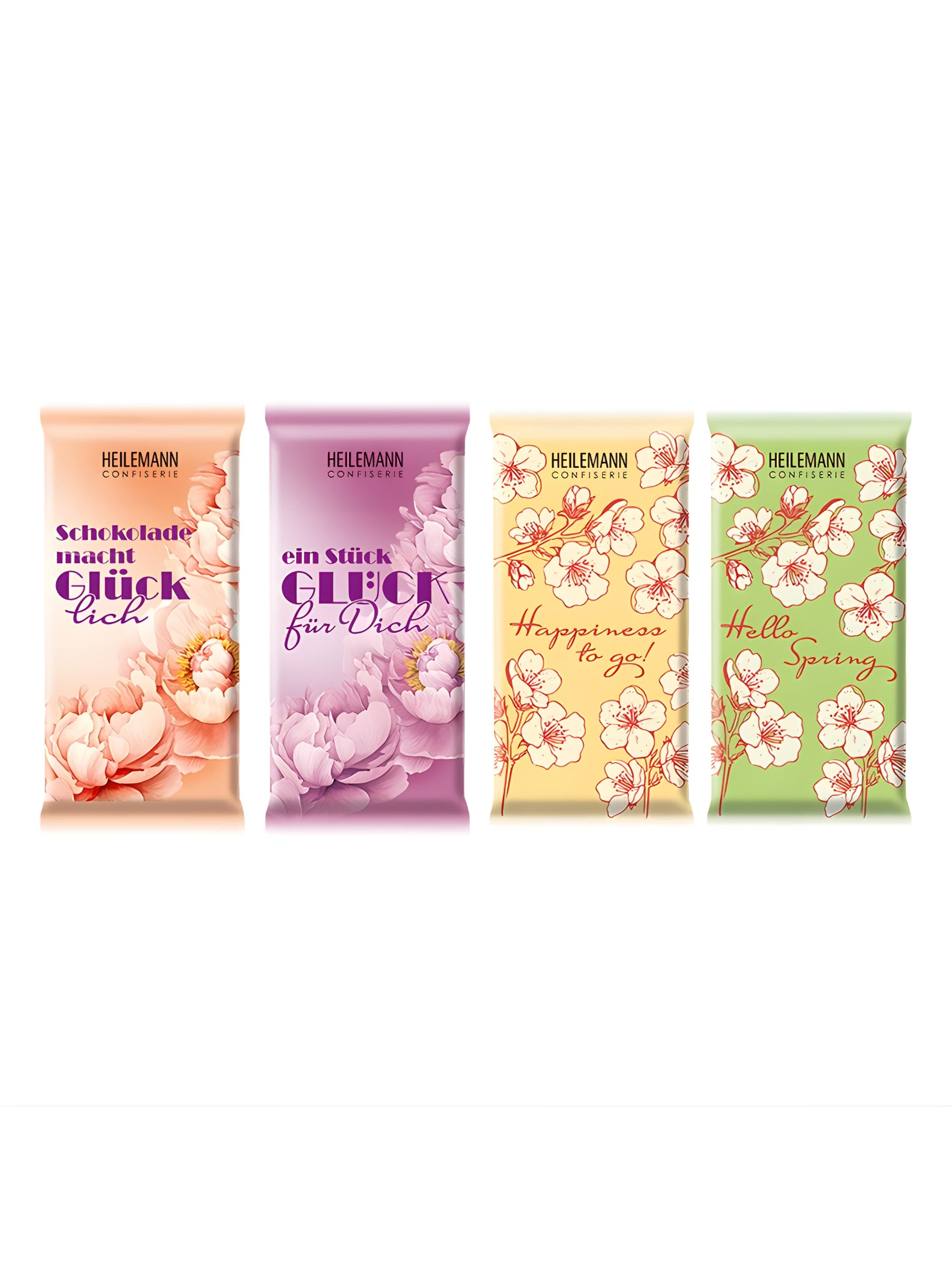 Heilemann Frühlingsschokoladen Täfelchen 37g aus Edelvollmilchschokolade mit floralen Frühlingsmotiven und Botschaften erhältlich in der Dreyer Confiserie Hameln.