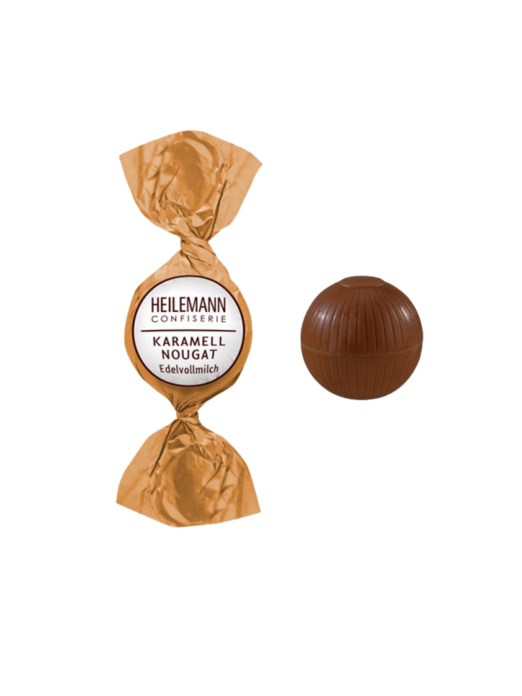 Heilemann Karamell-Nougat Praliné-Kugel 15 g – Edelvollmilch-Schokoladenkugel mit cremiger Karamell-Nougat-Füllung, ideal für den Bunten Teller, erhältlich in der Dreyer Confiserie in der Rattenfängerstadt Hameln.
