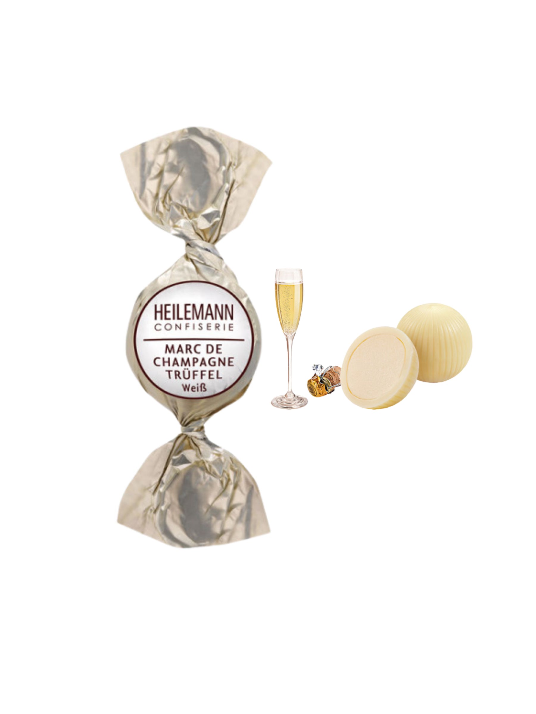 Heilemann Marc de Champagne-Trüffel Praliné-Kugel 15 g – weiße Schokoladenkugel mit feiner Marc de Champagne-Trüffel-Füllung, ideal für den Bunten Teller, erhältlich in der Dreyer Confiserie in der Rattenfängerstadt Hameln.