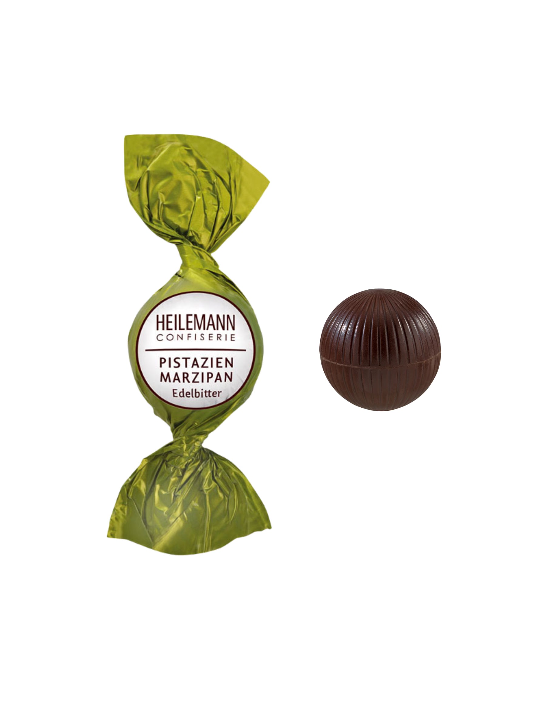 Heilemann Pistazien-Marzipan Praliné-Kugel 15 g – Edelbitter-Schokoladenkugel mit feiner Pistazien-Marzipan-Füllung und Mandel-Likör, ideal für den Bunten Teller, erhältlich in der Dreyer Confiserie in der Rattenfängerstadt Hameln.