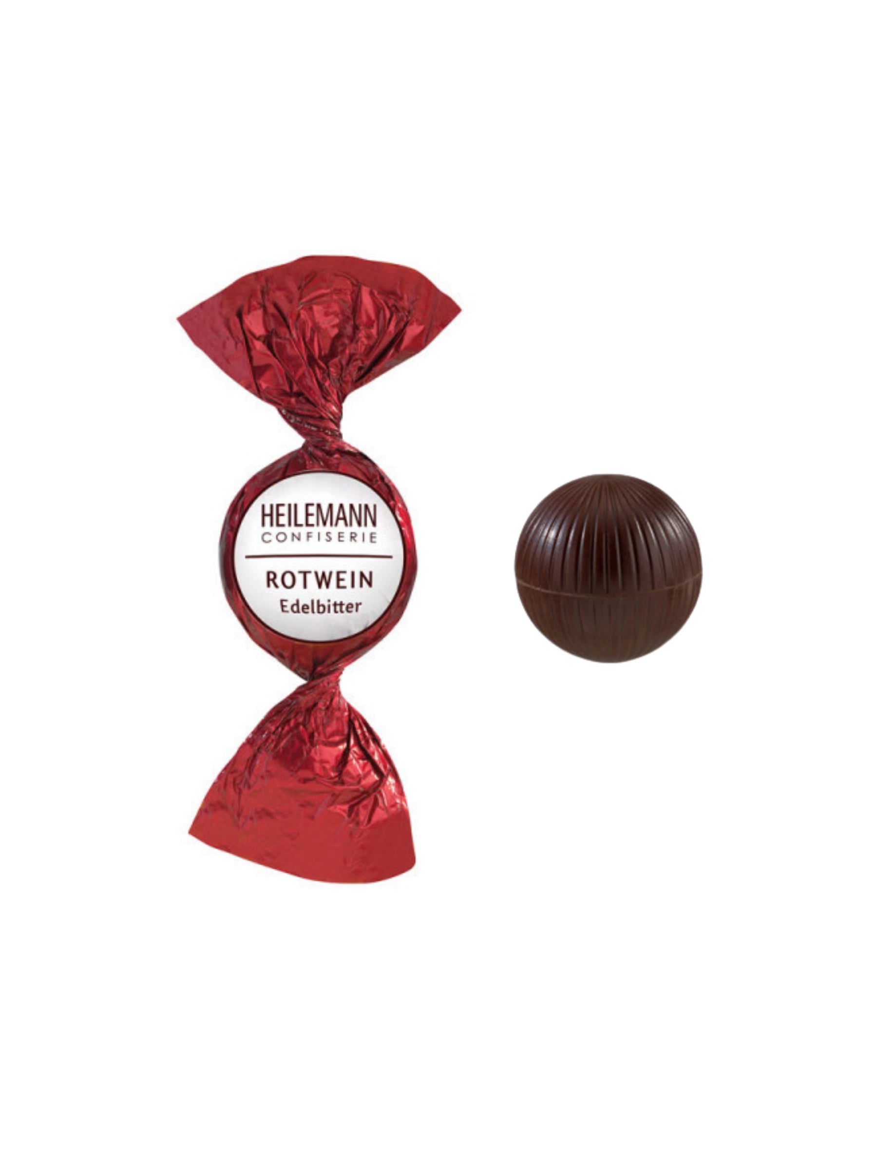 Heilemann Rotwein Praliné-Kugel 15 g – Edelbitter-Schokoladenkugel mit flüssiger Rotwein-Füllung, verpackt in bordeauxfarbener Folie, erhältlich in der Dreyer Confiserie in der Rattenfängerstadt Hameln.
