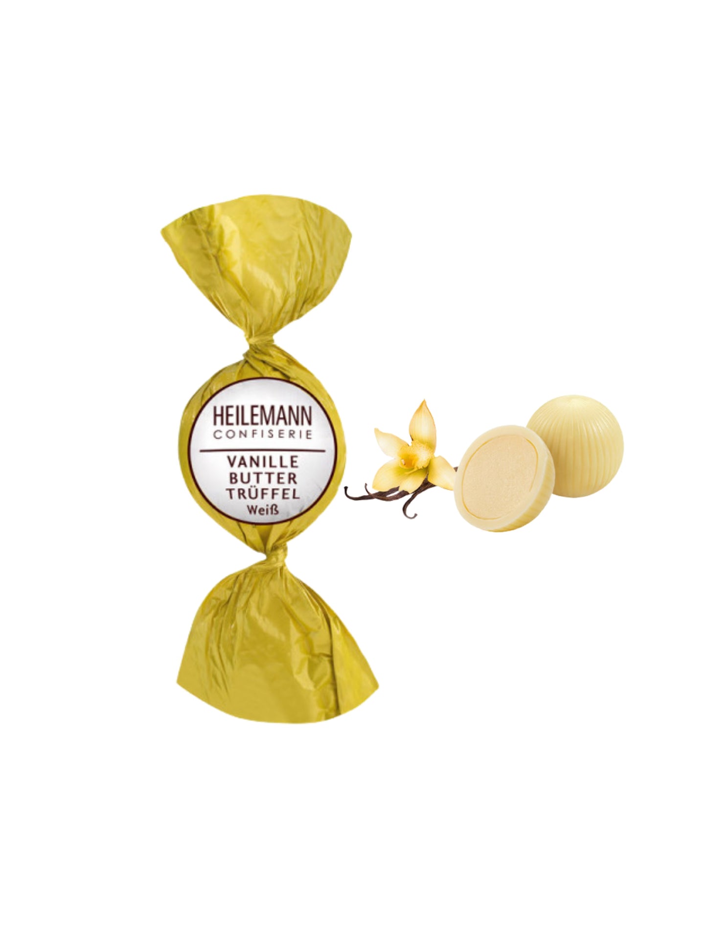 Vanille-Butter-Trüffel Praliné-Kugel 15 g – weiße Schokoladenkugel mit cremiger Vanille-Butter-Trüffel-Füllung, erhältlich in der Dreyer Confiserie in der Rattenfängerstadt Hameln.