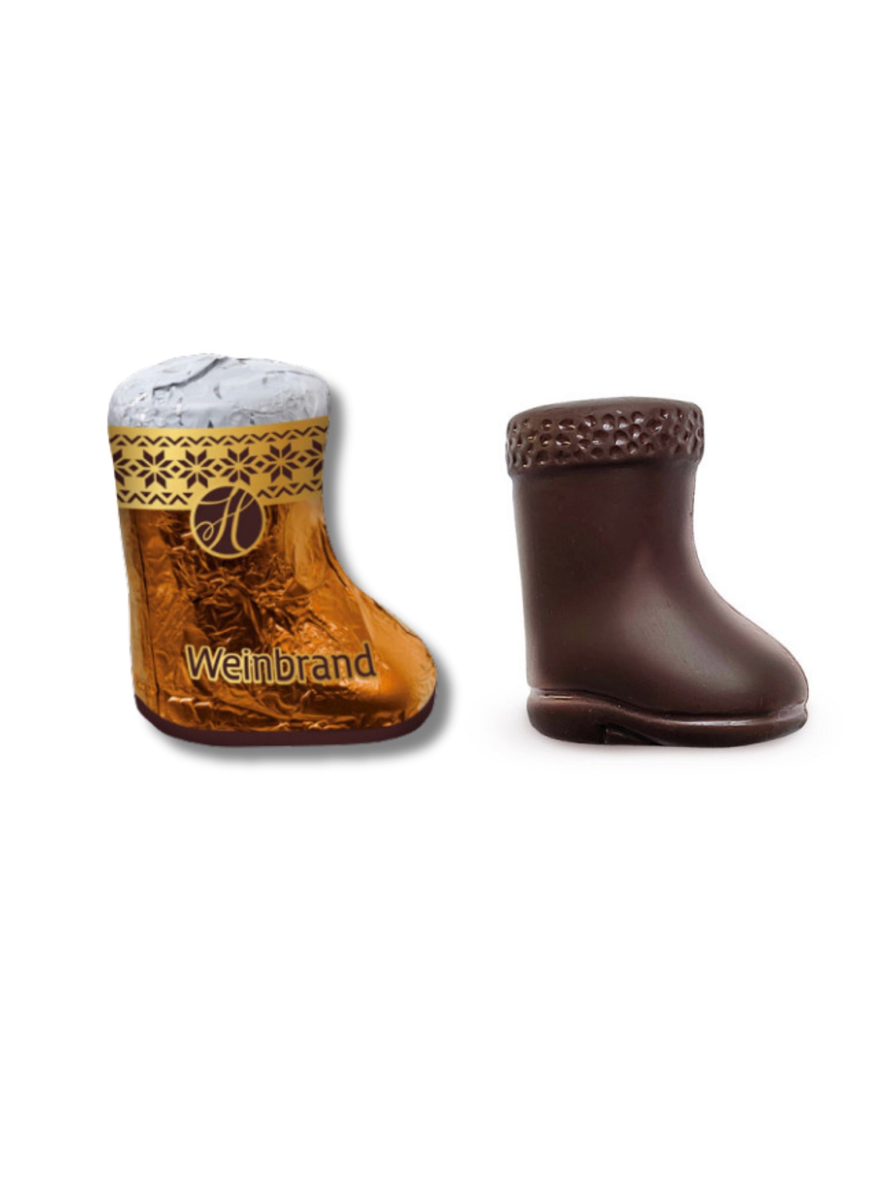 Weinbrand-Stiefelchen Edelbitter 19 g – feine Schokoladenstiefel aus Edelbitter-Schokolade mit flüssiger Weinbrand-Füllung, erhältlich in der Dreyer Confiserie in der Rattenfängerstadt Hameln.