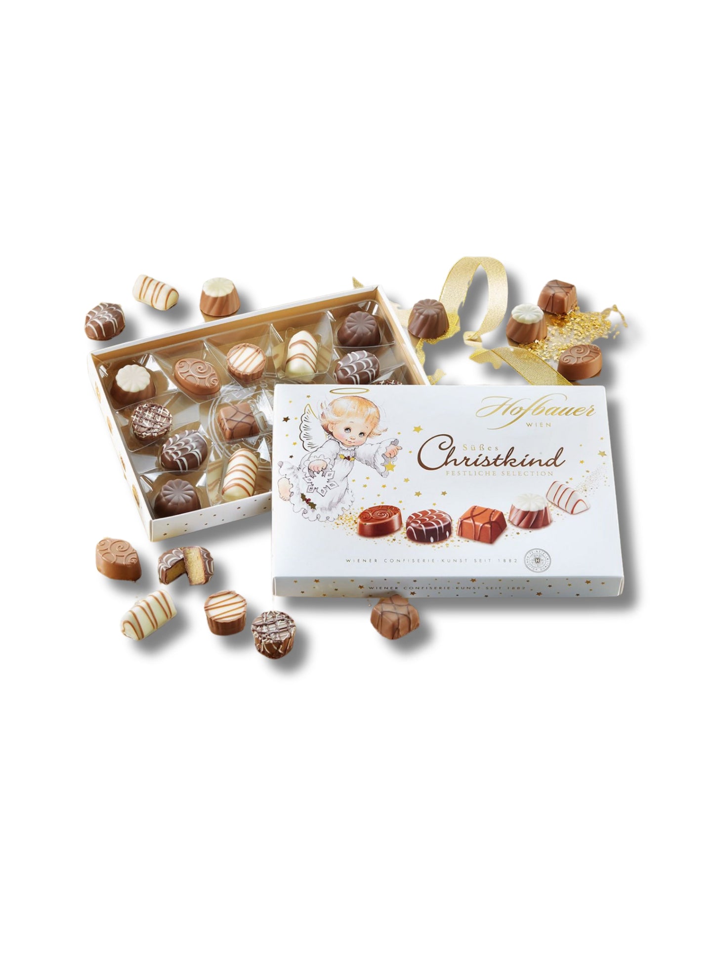 Süsses Christkind Selection 174 g – festliche Pralinenauswahl aus Milch-, Zartbitter- und weißer Schokolade, erhältlich in der Dreyer Confiserie in der Rattenfängerstadt Hameln.