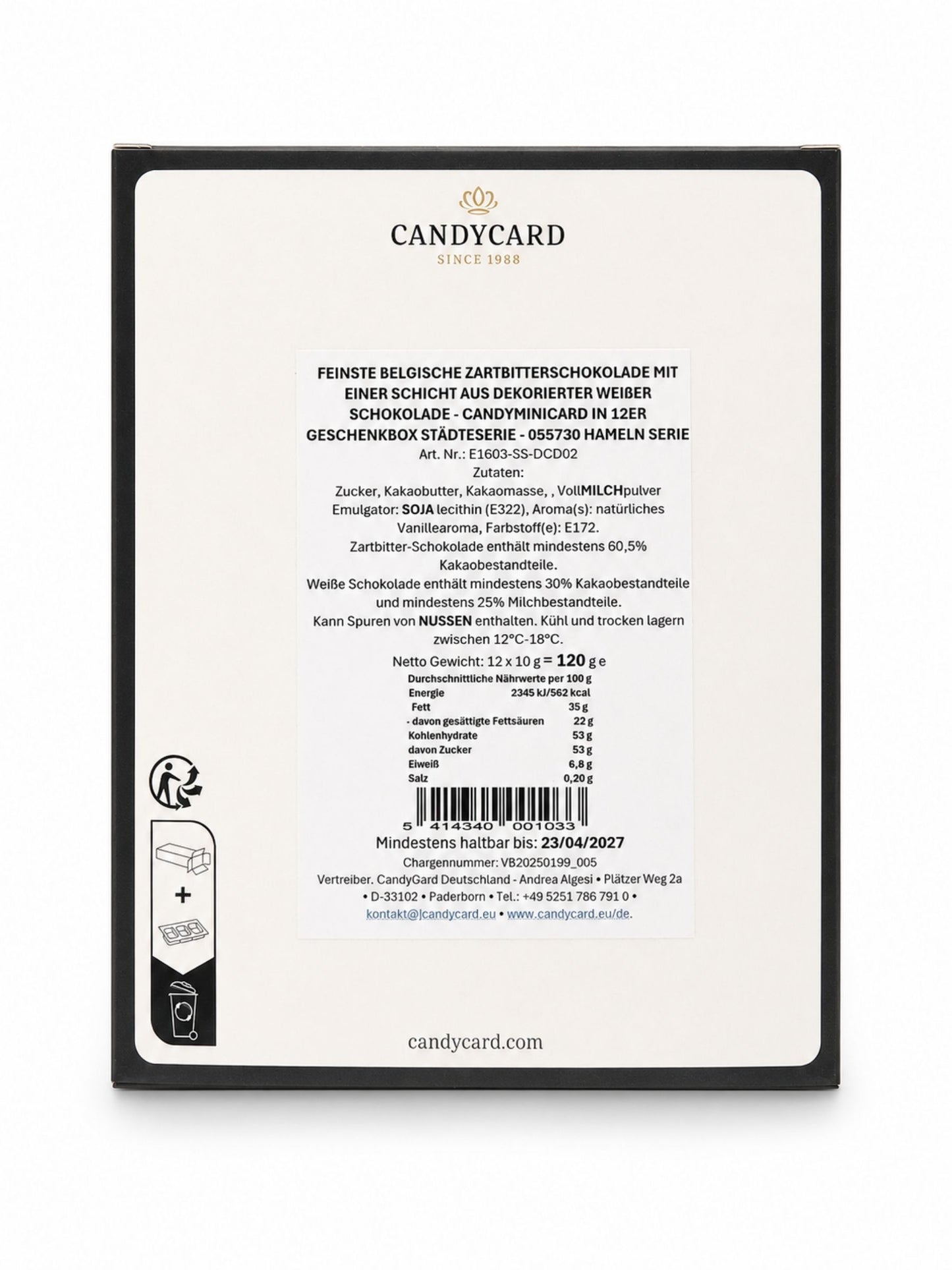 Rückseite und Inhalt von Hameln Schokoladentäfelchen Geschenkbox 120g CandyCard
