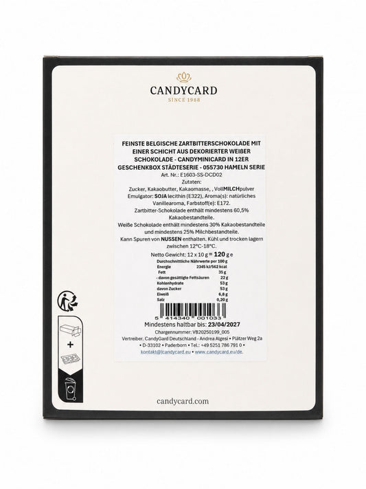 Rückseite und Inhalt von Hameln Schokoladentäfelchen Geschenkbox 120g CandyCard
