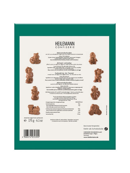 Rückseite und Inhalt von Kinder-Adventskalender Edelvollmilch 175 g.