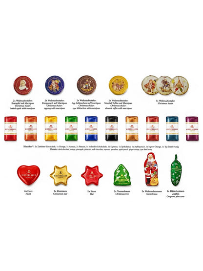Übersicht der enthaltenen Marzipan- und Schokoladenspezialitäten im J.G.N. Adventskalender Café Niederegger 525g mit Weihnachtstalern, Marzipan-Klassikern, Herzen, Zimtsternen und Weihnachtsfiguren