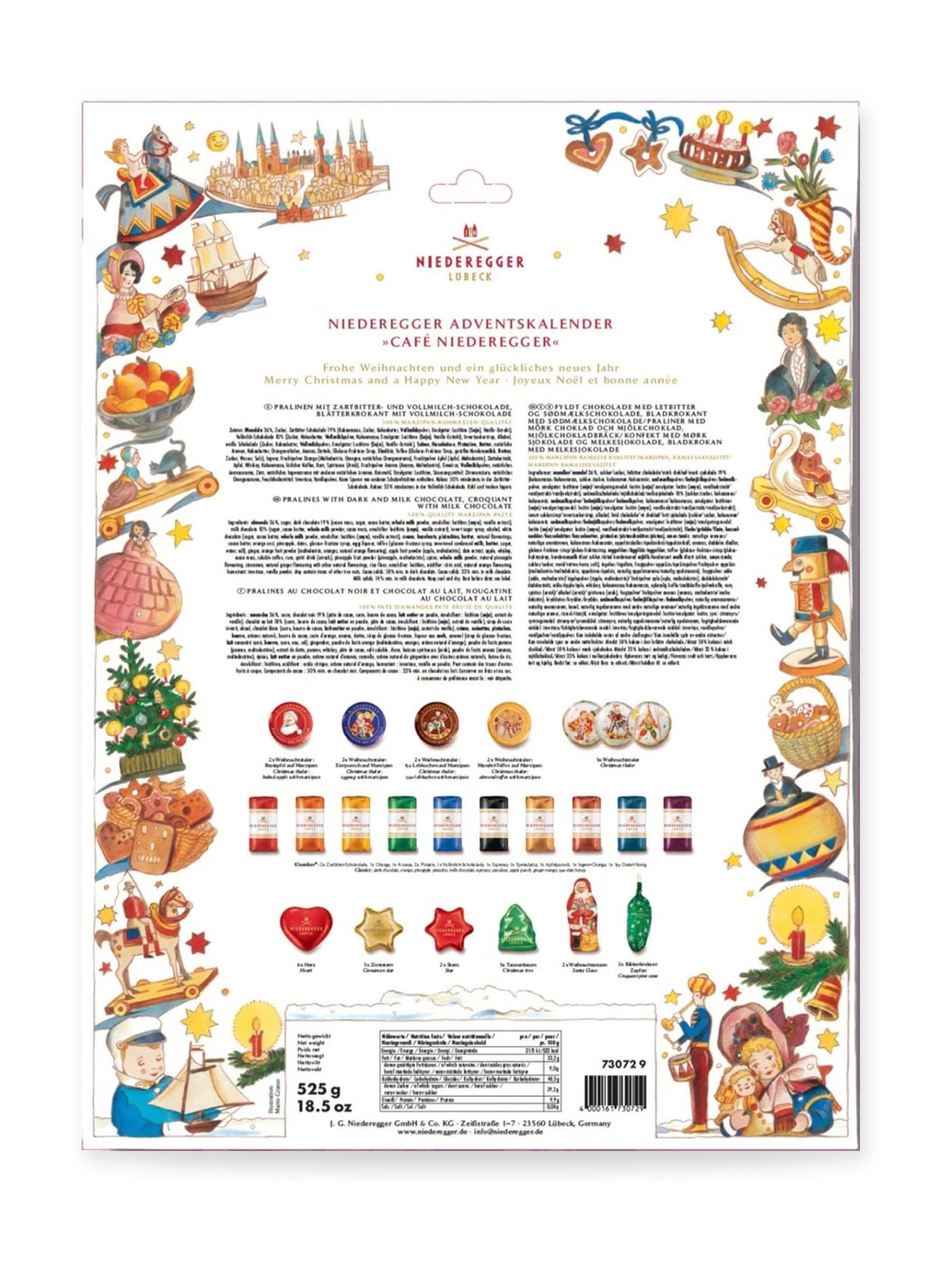 Rückseite des J.G.N. Adventskalenders Café Niederegger 525g mit Übersicht der enthaltenen Marzipan- und Schokoladensorten, Zutaten, Allergenhinweisen und Nährwertangaben