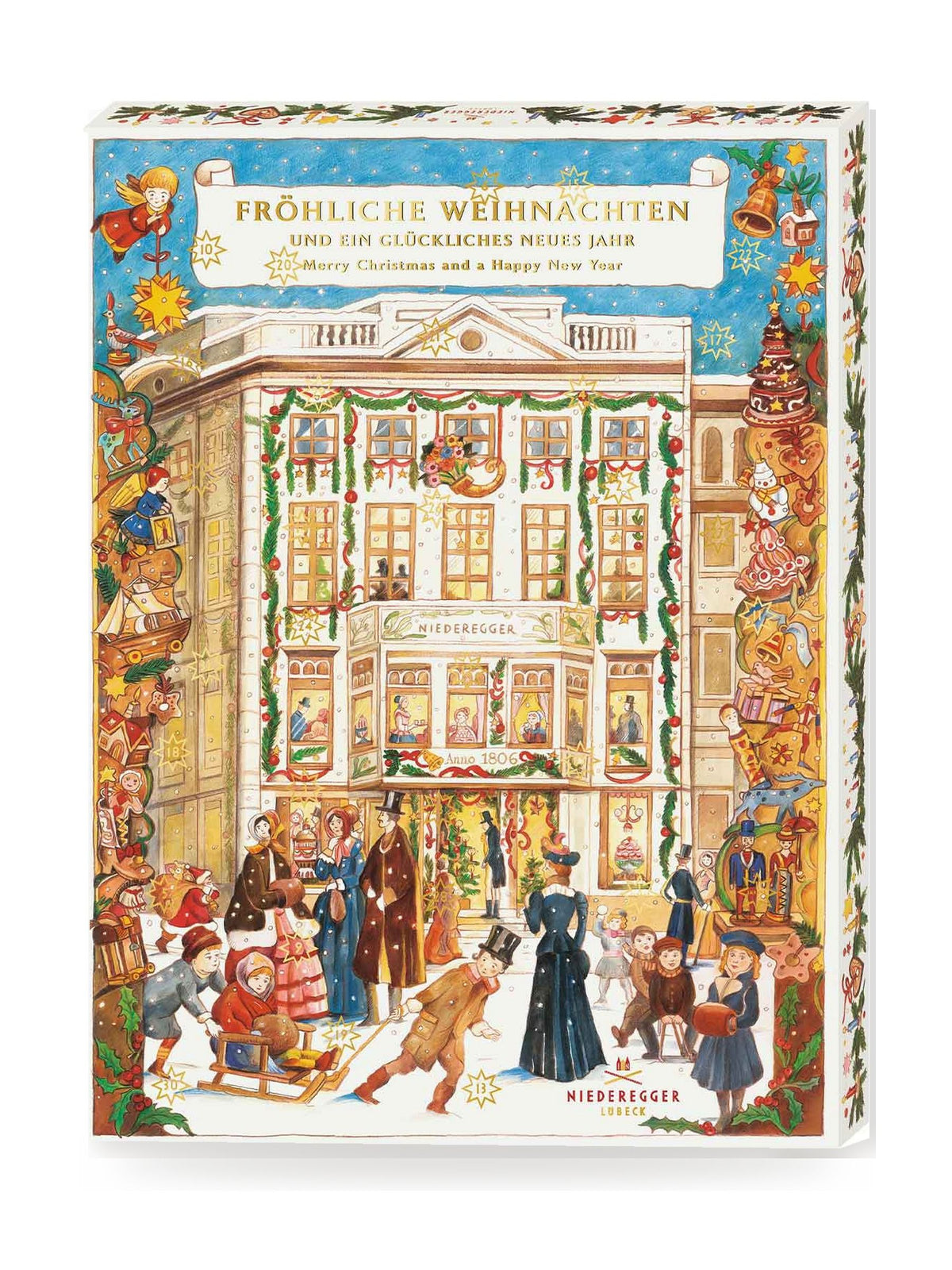 Rückseite des J.G.N. Adventskalenders Café Niederegger 525g mit Übersicht der enthaltenen Marzipan- und Schokoladensorten, Zutaten, Allergenhinweisen und Nährwertangaben