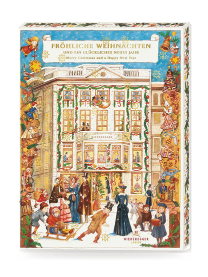Rückseite des J.G.N. Adventskalenders Café Niederegger 525g mit Übersicht der enthaltenen Marzipan- und Schokoladensorten, Zutaten, Allergenhinweisen und Nährwertangaben