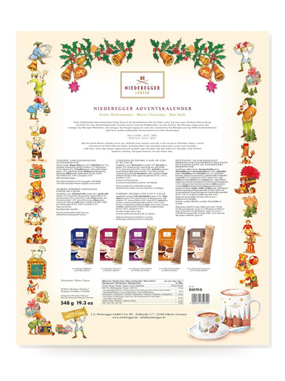 Rückseite des J.G.N. Adventskalenders Heissgetränke 548g von Niederegger mit Übersicht der enthaltenen Marzipan-Heißgetränke, Cappuccino, Trinkschokolade, Zutaten und Nährwertangaben