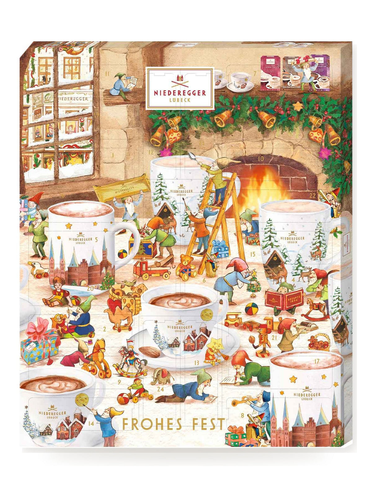 J.G.N. Adventskalender Heissgetränke 548g von Niederegger mit 24 Türchen, weihnachtlichem Kaminmotiv, Wichteln, Tassen mit Heißgetränken und Schriftzug „Frohes Fest“