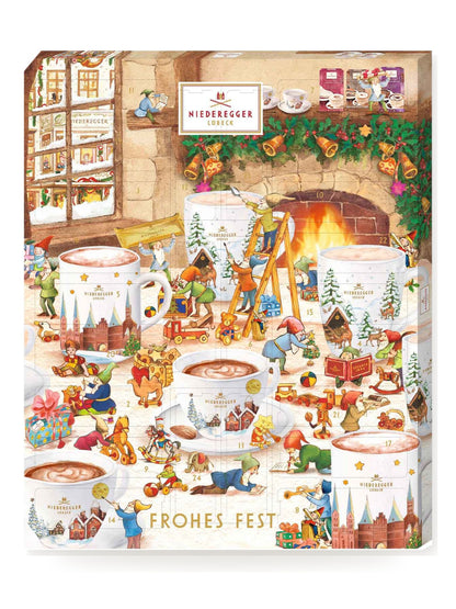 J.G.N. Adventskalender Heissgetränke 548g von Niederegger mit 24 Türchen, weihnachtlichem Kaminmotiv, Wichteln, Tassen mit Heißgetränken und Schriftzug „Frohes Fest“