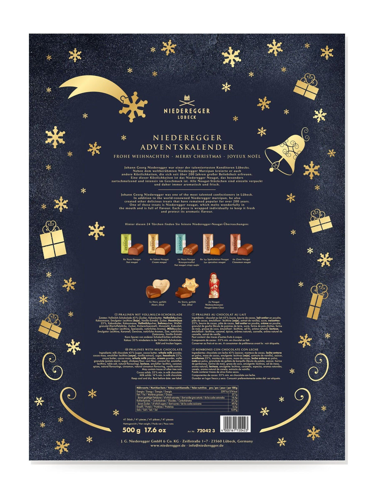 Rückseite des J.G.N. Adventskalenders Nougat 500g von Niederegger mit Übersicht der enthaltenen Nougatsorten, Nougat-Weihnachtsfiguren, Zutaten, Allergenhinweisen und Nährwertangaben