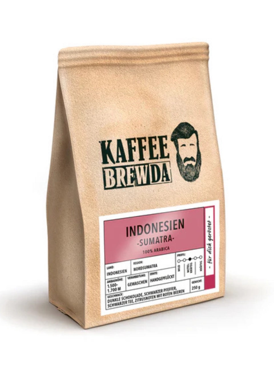 Indonesien Sumatra – Meru, 250 g ganze Bohne, erdig-würziger Spezialitätenkaffee mit Noten von dunkler Schokolade, schwarzem Tee und roten Beeren – von Kaffee Brewda, erhältlich in der Dreyer Confiserie in Hameln und online.