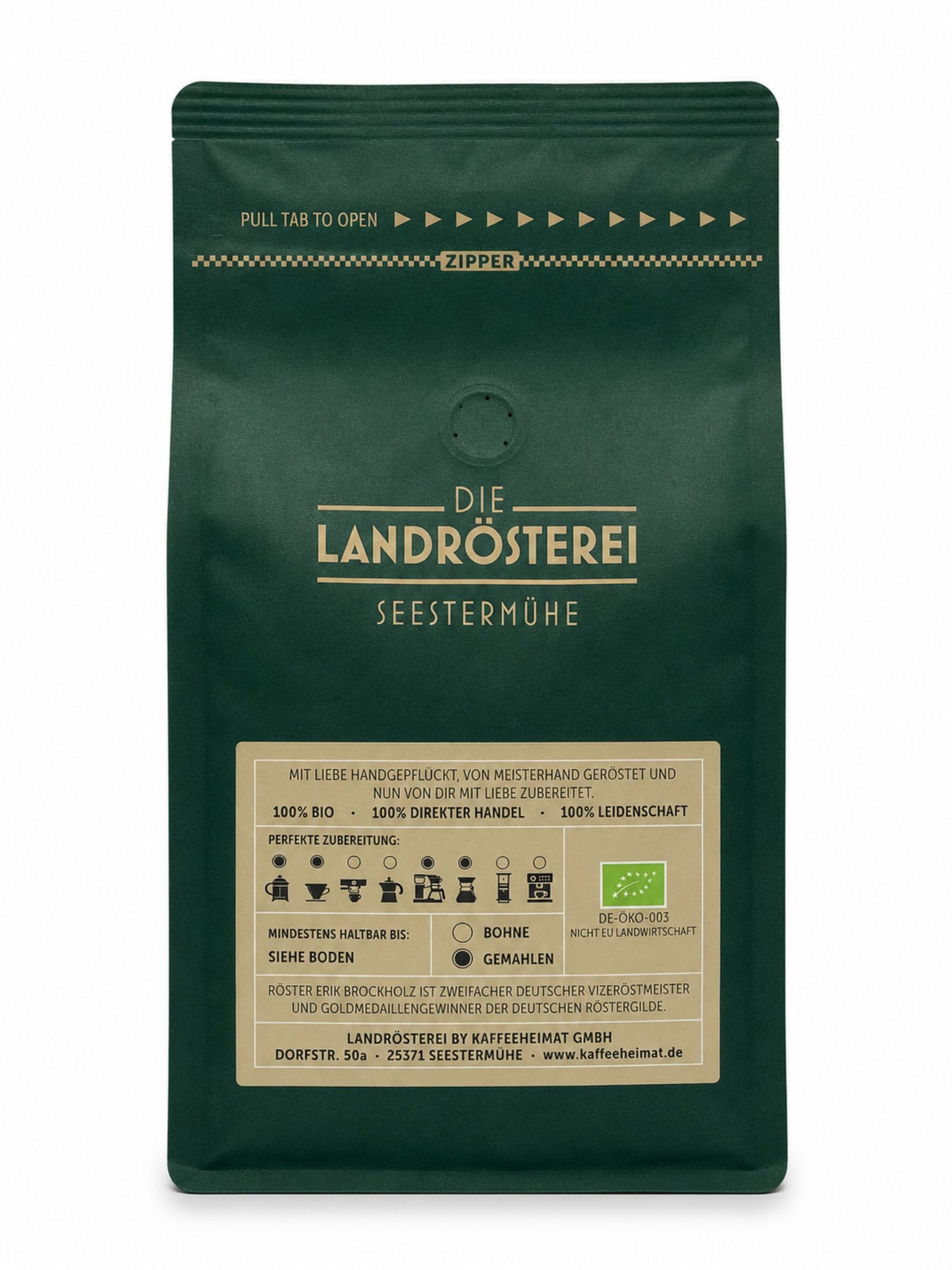Rückseite Kaffeeklatsch Kaffee gemahlen 500g Die Landrösterei Seestermühe Arabica Filterkaffee