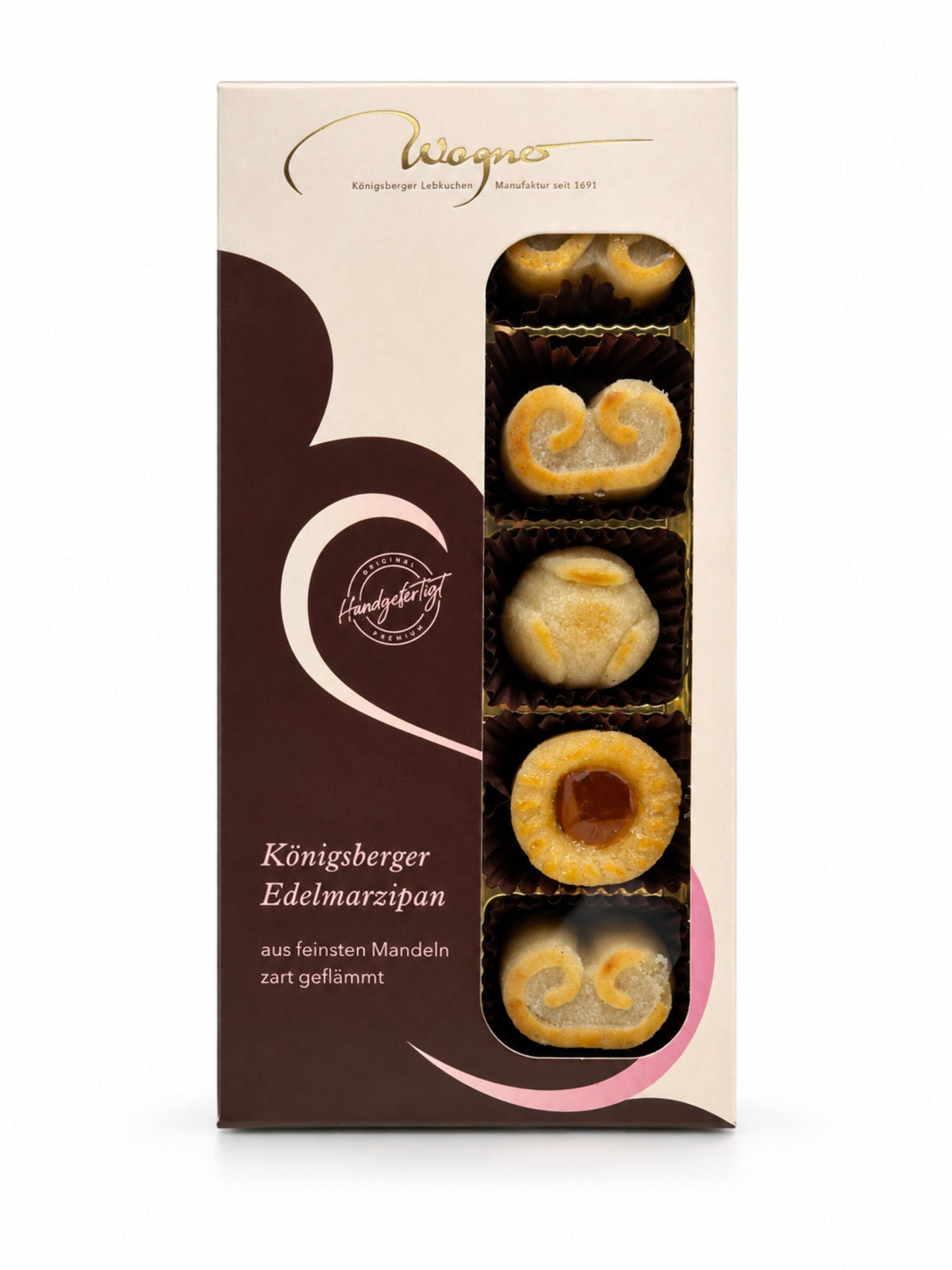 Königsberger Edelmarzipan geflämmt und gefüllt 95g von Wagner Pralinen in Geschenkverpackung mit Sichtfenster