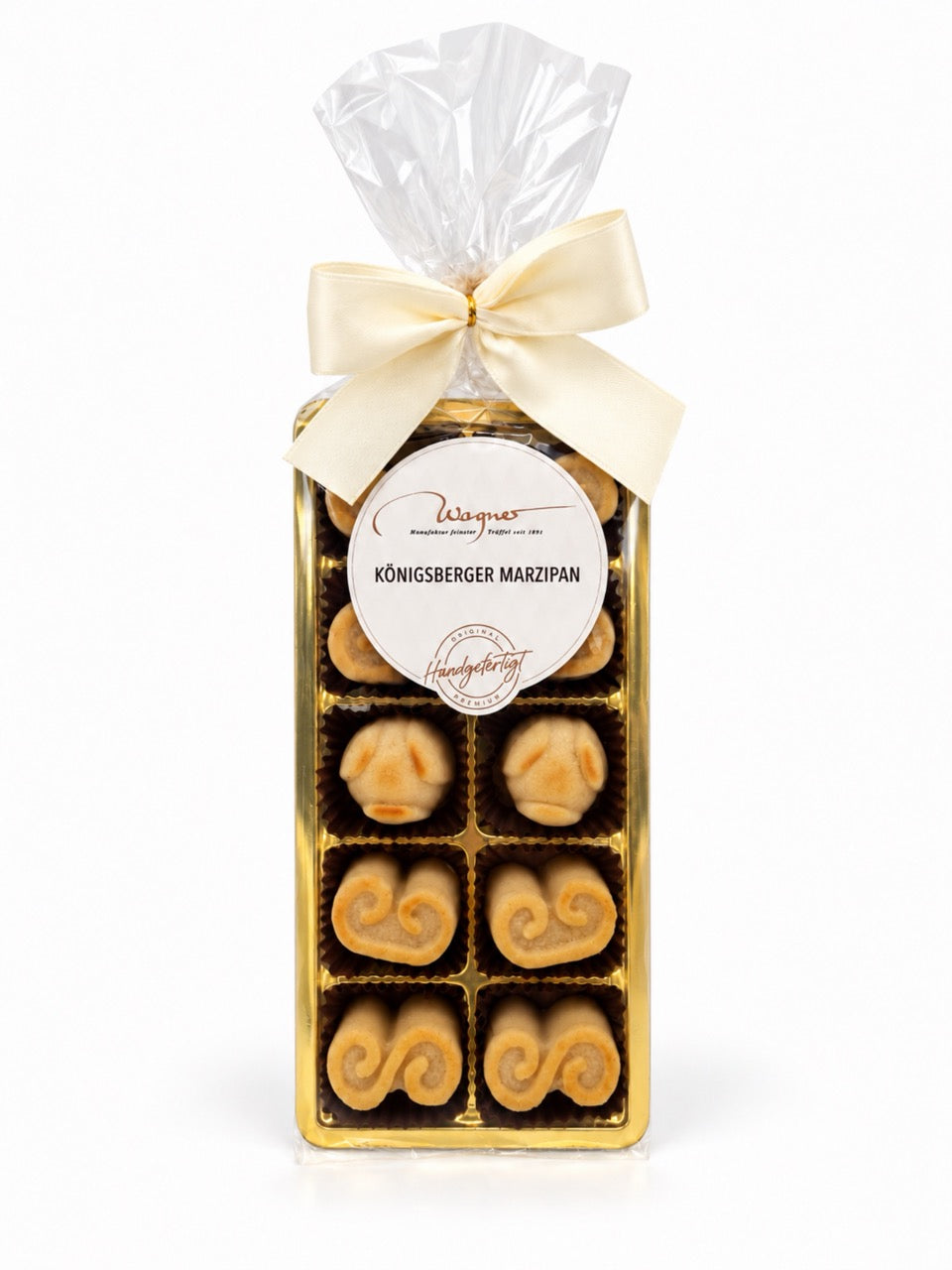 Königsberger Marzipan geflämmt 95g von Wagner Pralinen in Geschenkverpackung mit cremefarbener Schleife