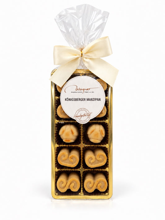 Königsberger Marzipan geflämmt 95g von Wagner Pralinen in Geschenkverpackung mit cremefarbener Schleife